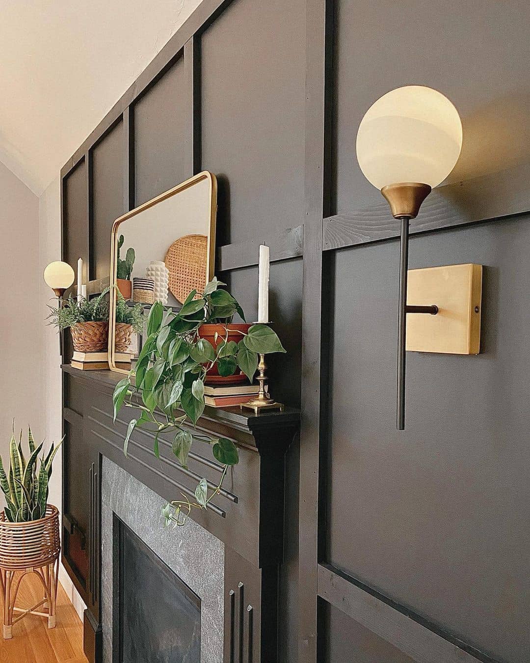 Layered Fireplace Mantel Display with Dark Board and Batten