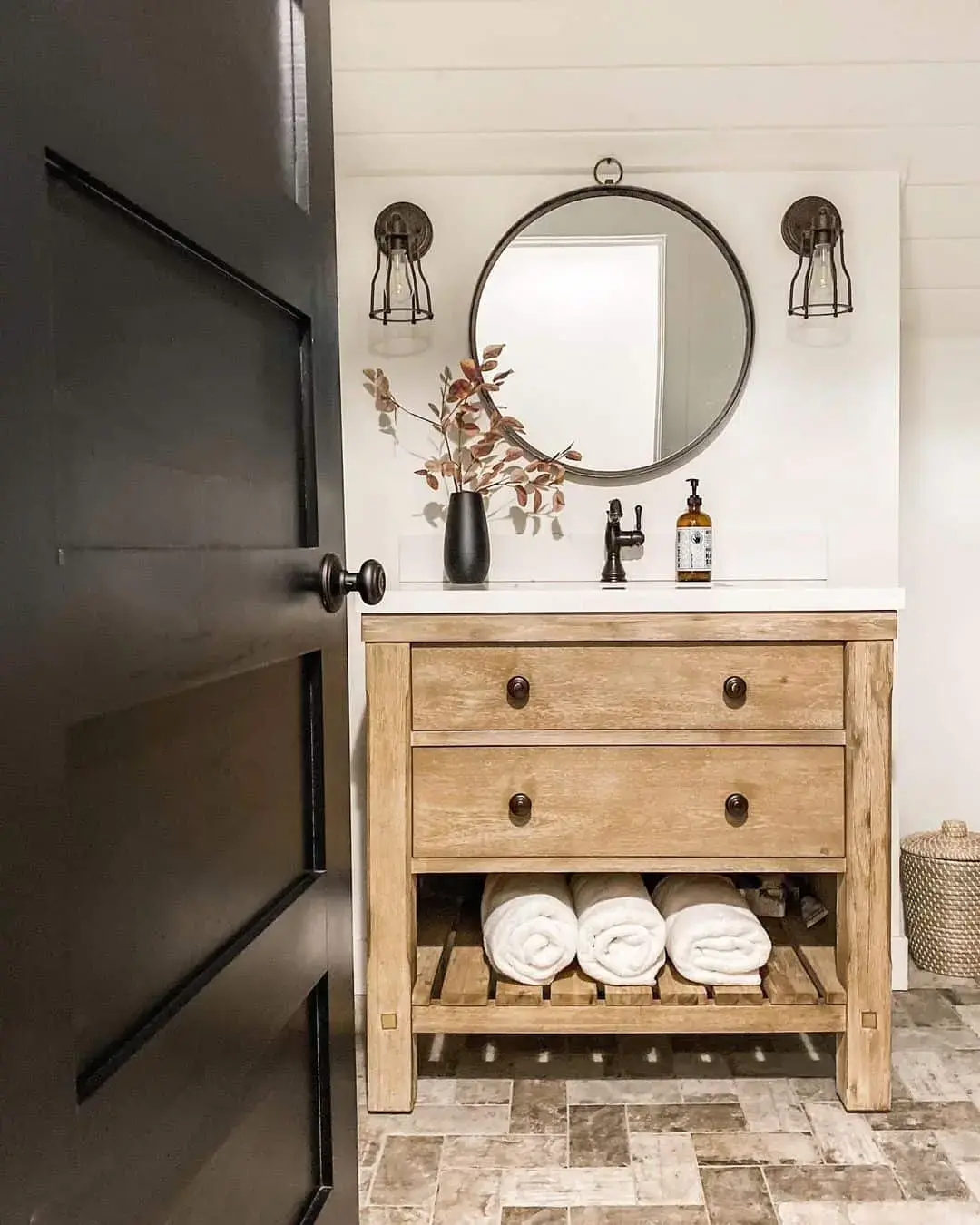 Open Wood Shelf Under Vanity Holds Rolled Towels