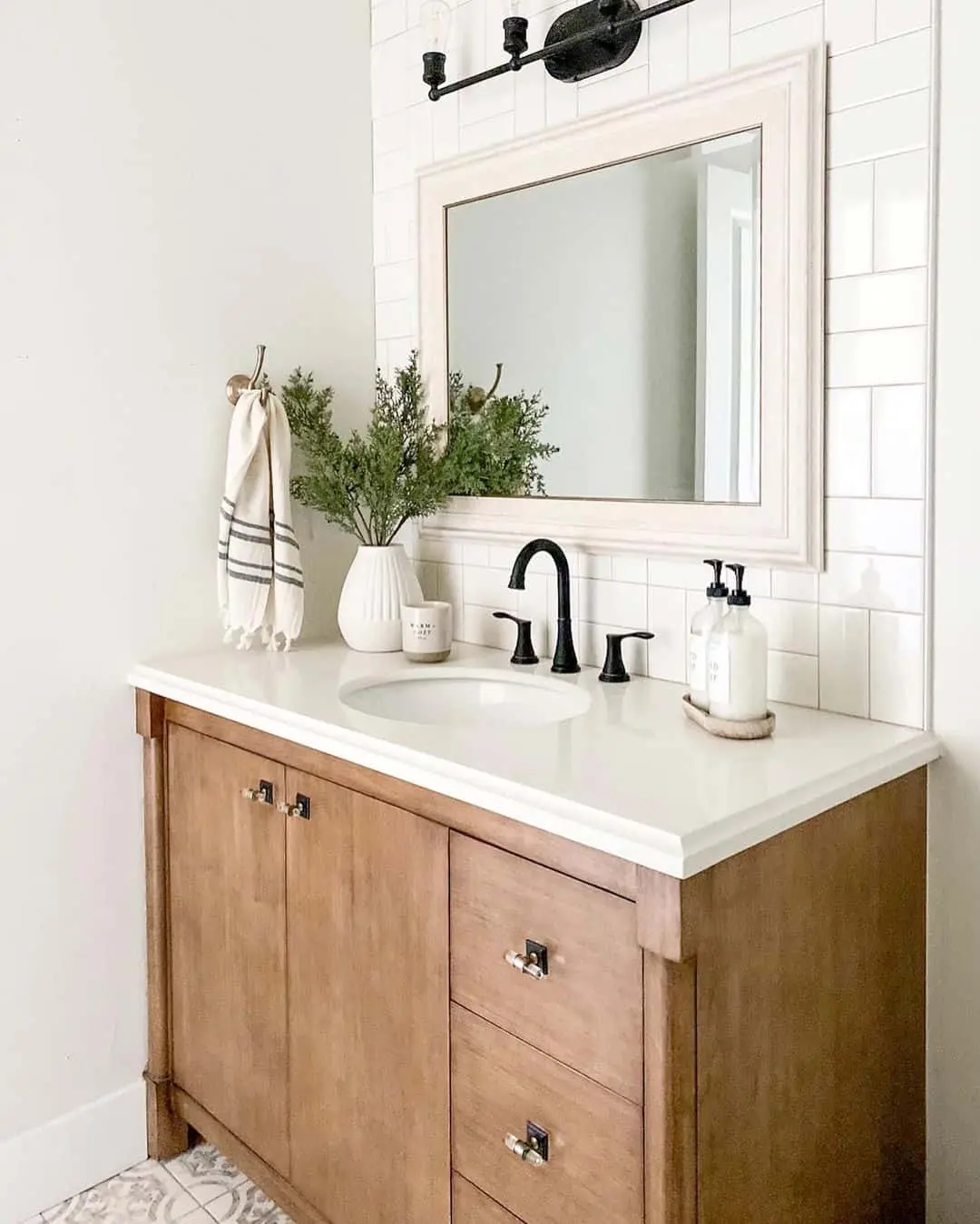 Clear Crystal Knobs Add Glamour to Wooden Vanity