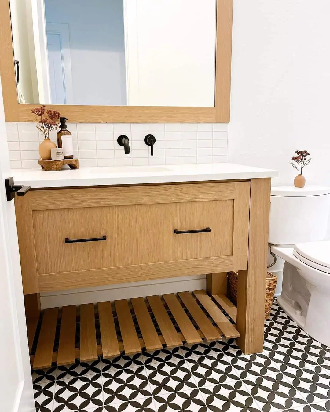 Slatted Wood Shelf Under Vanity Creates Airy Storage