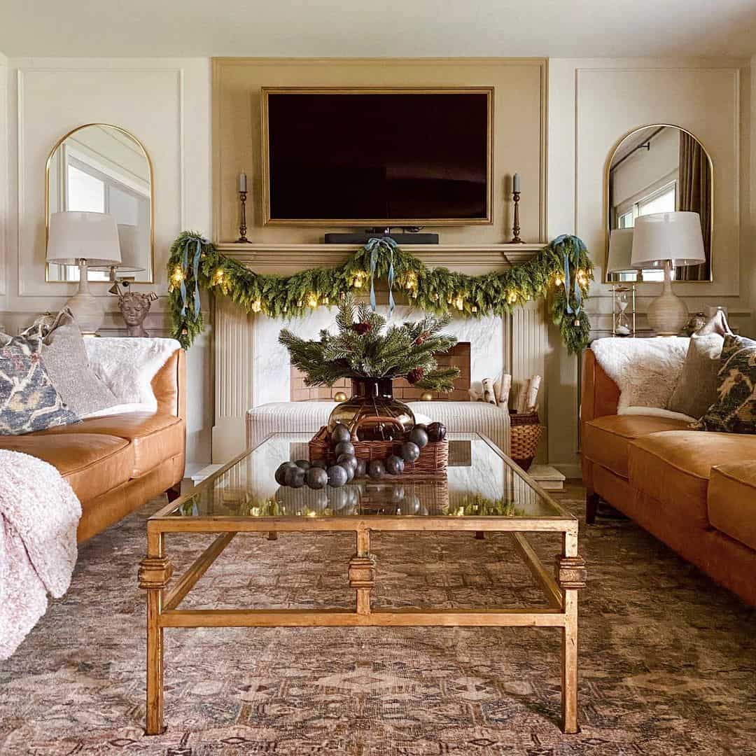 Faux Evergreen Garland With Twinkling Lights Drapes Over Fireplace Mantle