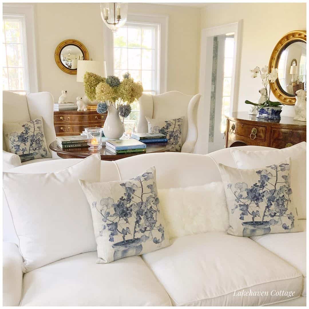 Blue and White Botanical Pillows Add Classic Charm