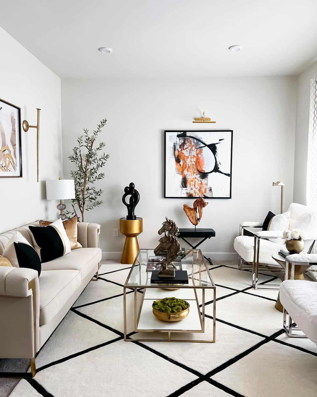 Gold Geometric Coffee Table Frames a Mossy Bowl