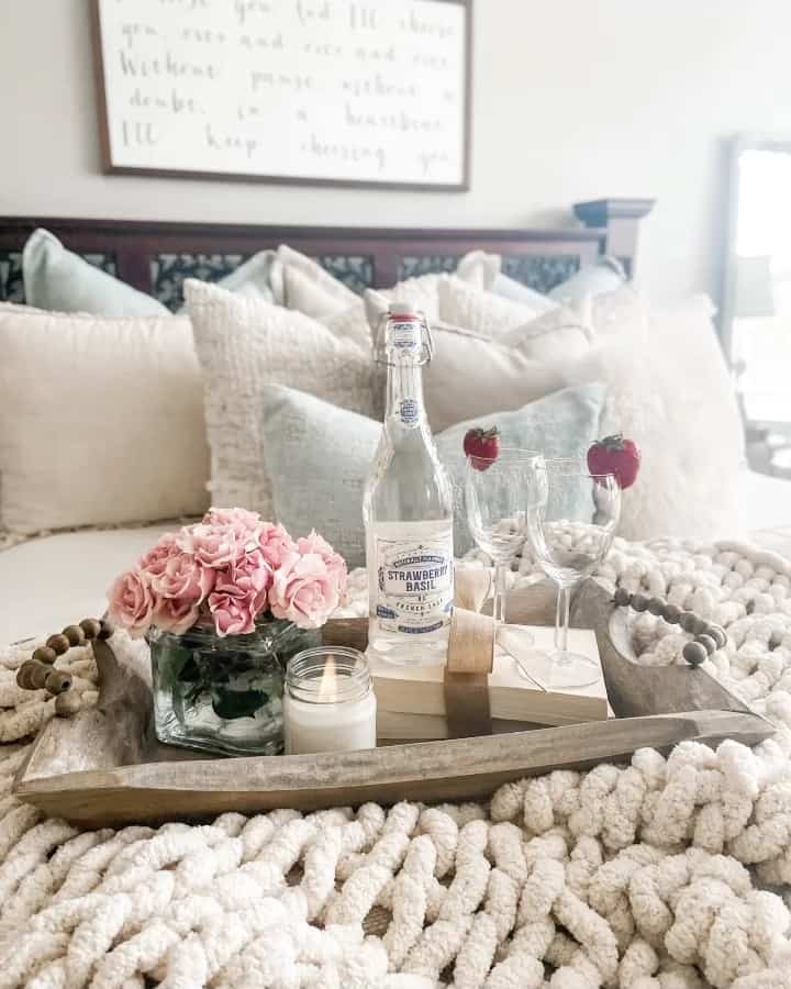Wooden Tray With Pink Roses and Candle Sets A Romantic Mood