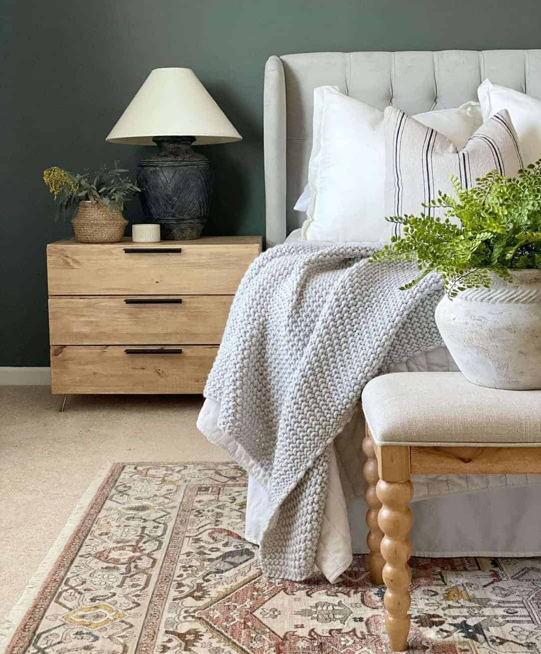 Textured Ceramic Lamp Base Adds Dark, Earthy Depth to Nightstand