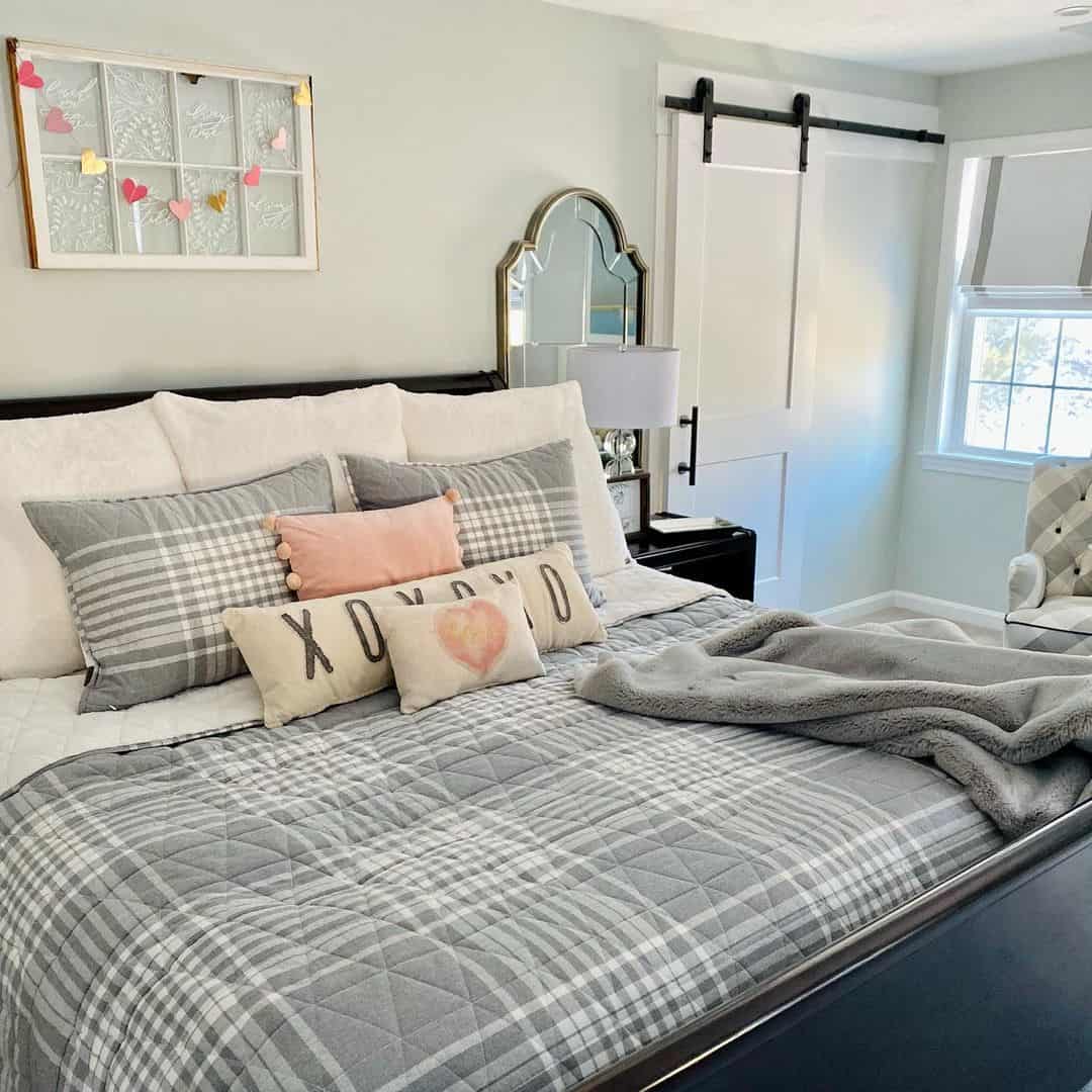 Vintage Window Frame Displays Heart Garland Above Bed