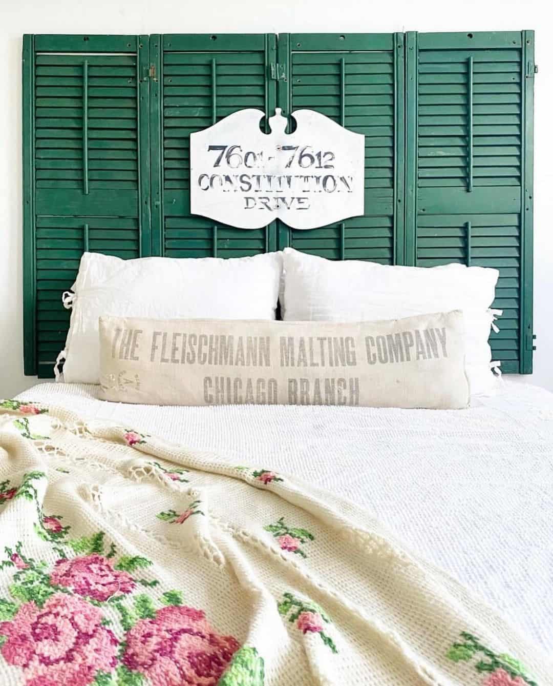 Green Shutters Create a Textured, Architectural Headboard