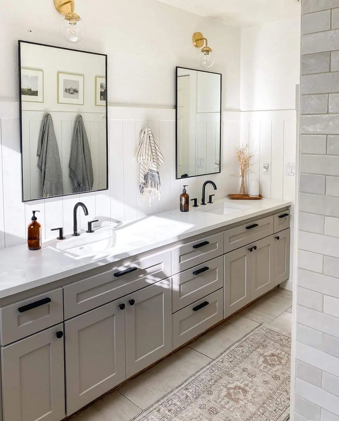 Framed Rectangular Mirrors Add Symmetry Above the Double Vanity