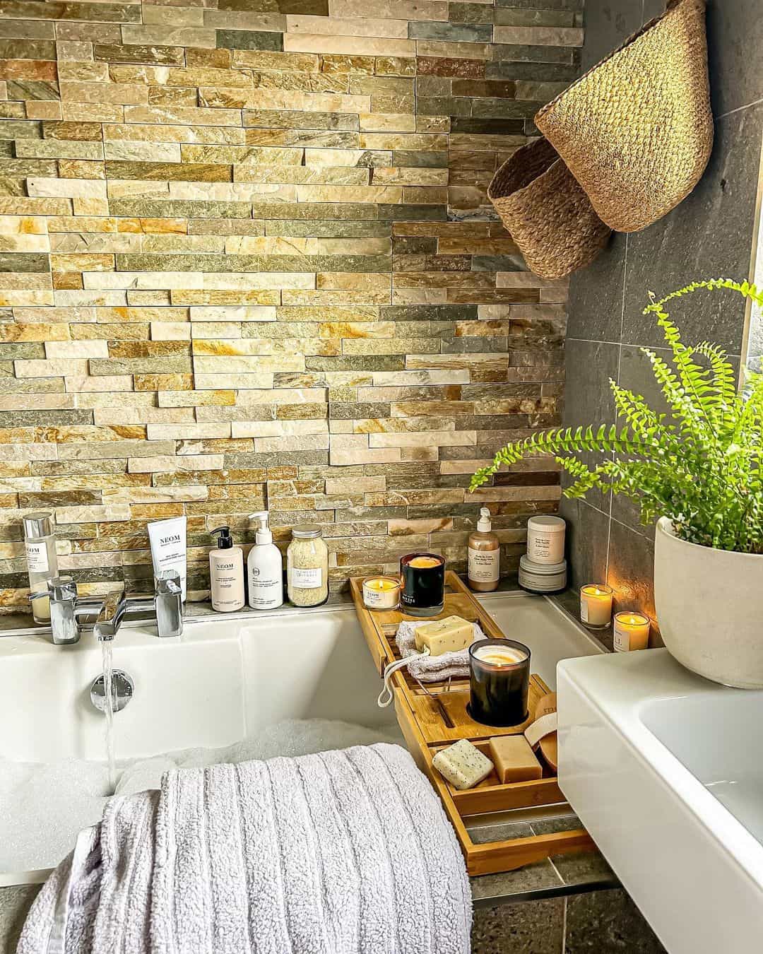 Stacked Stone Wall Creates a Textured Spa Backdrop