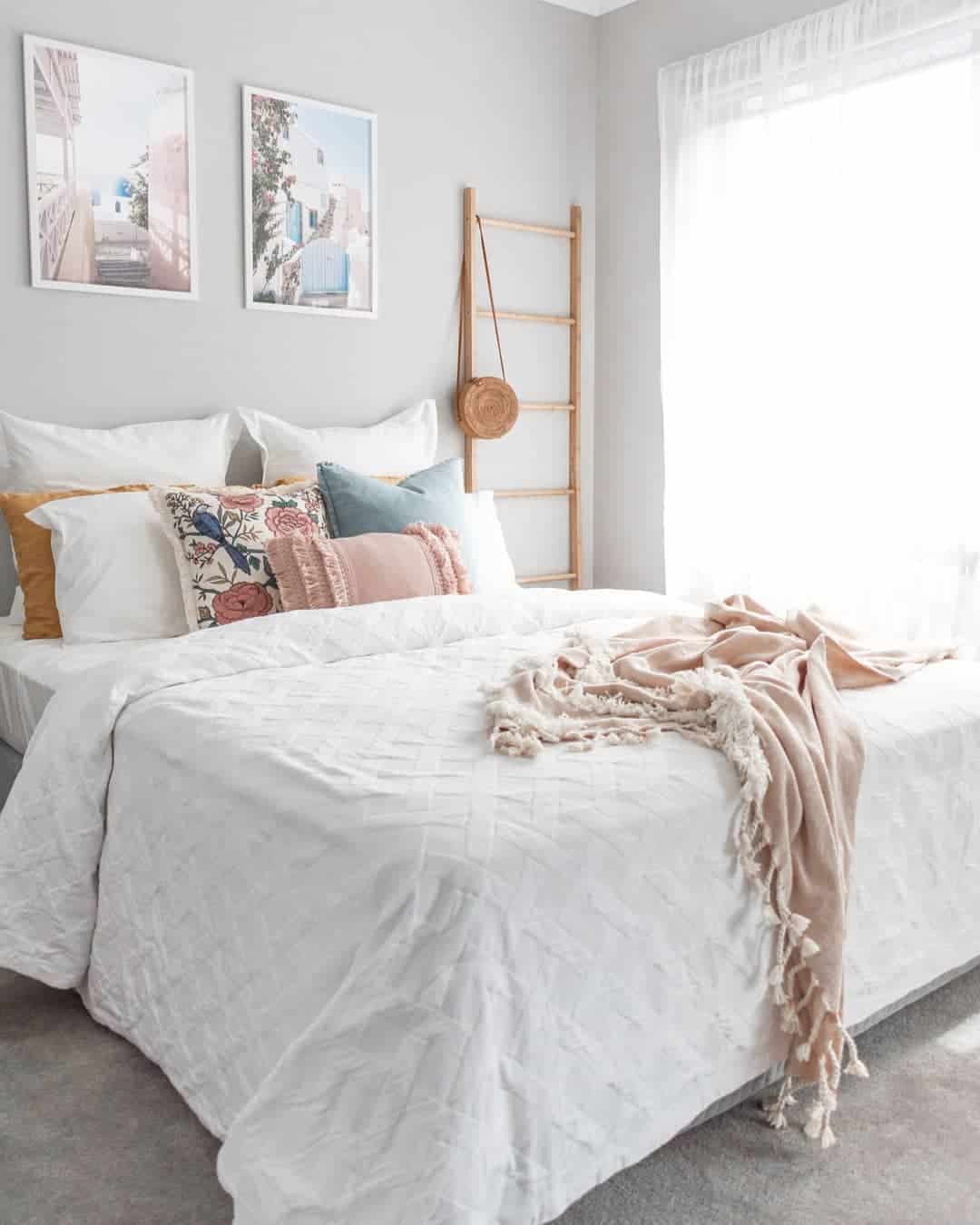 Wooden Ladder Adds Casual Display Space Beside Bed