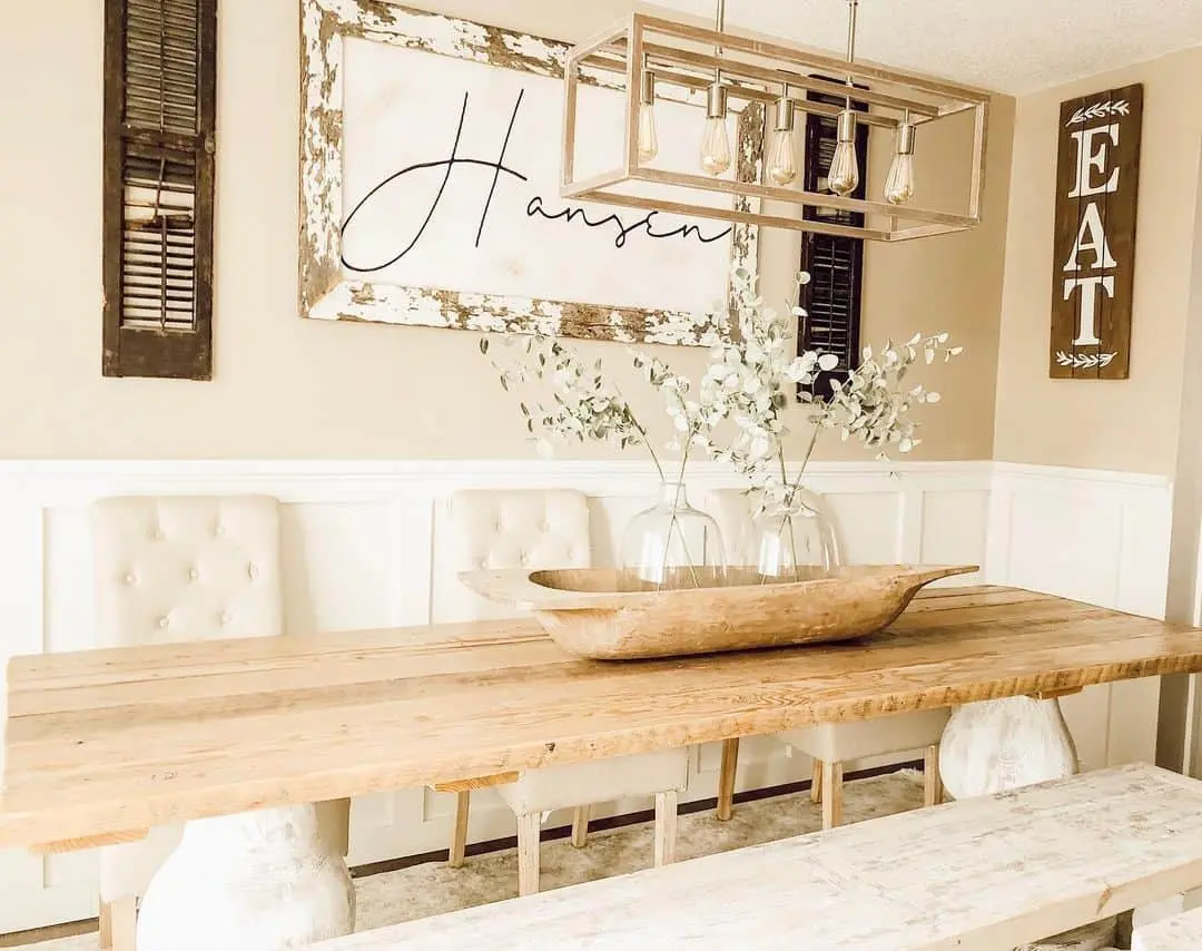 Long Wooden Dough Bowl Holds Glass Vases with Greenery