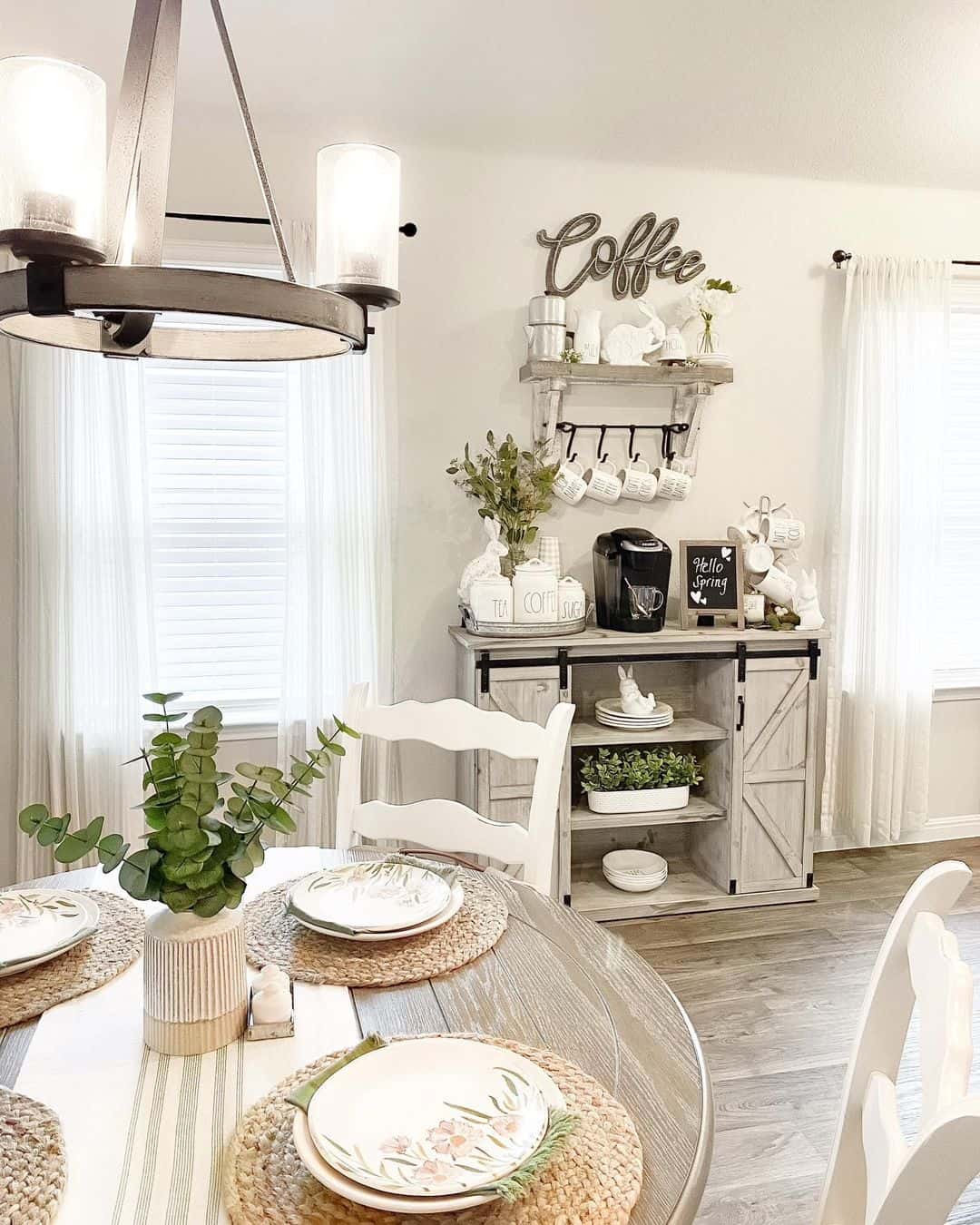 Rustic Cabinet and Shelf Unit Creates a Charming Coffee Station