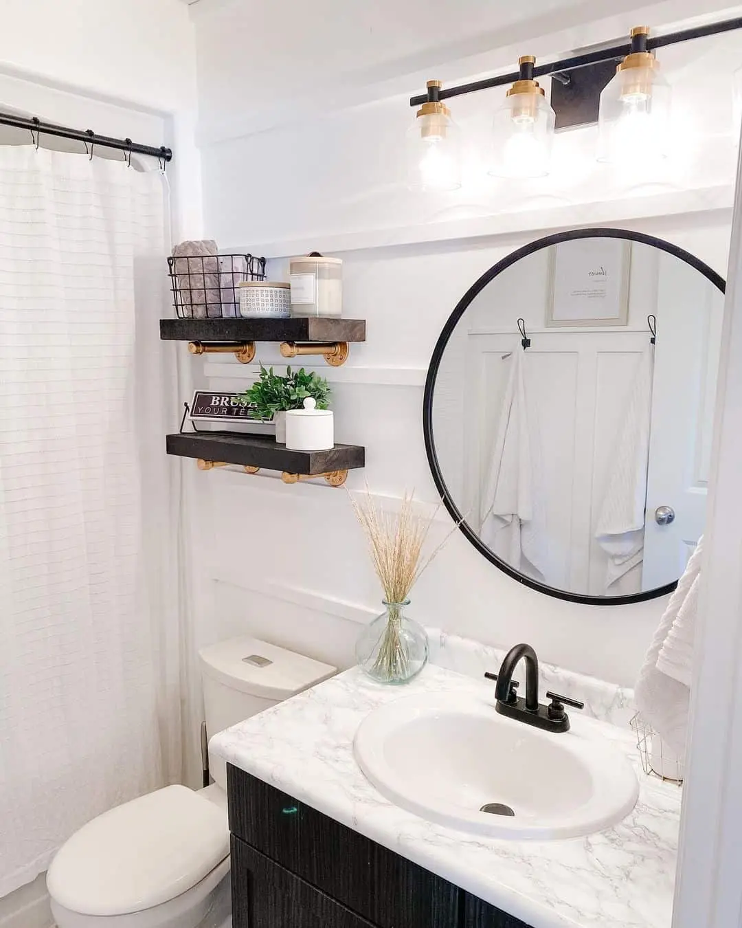 Style Shelves with Dark Wood and Gold Pipe Brackets