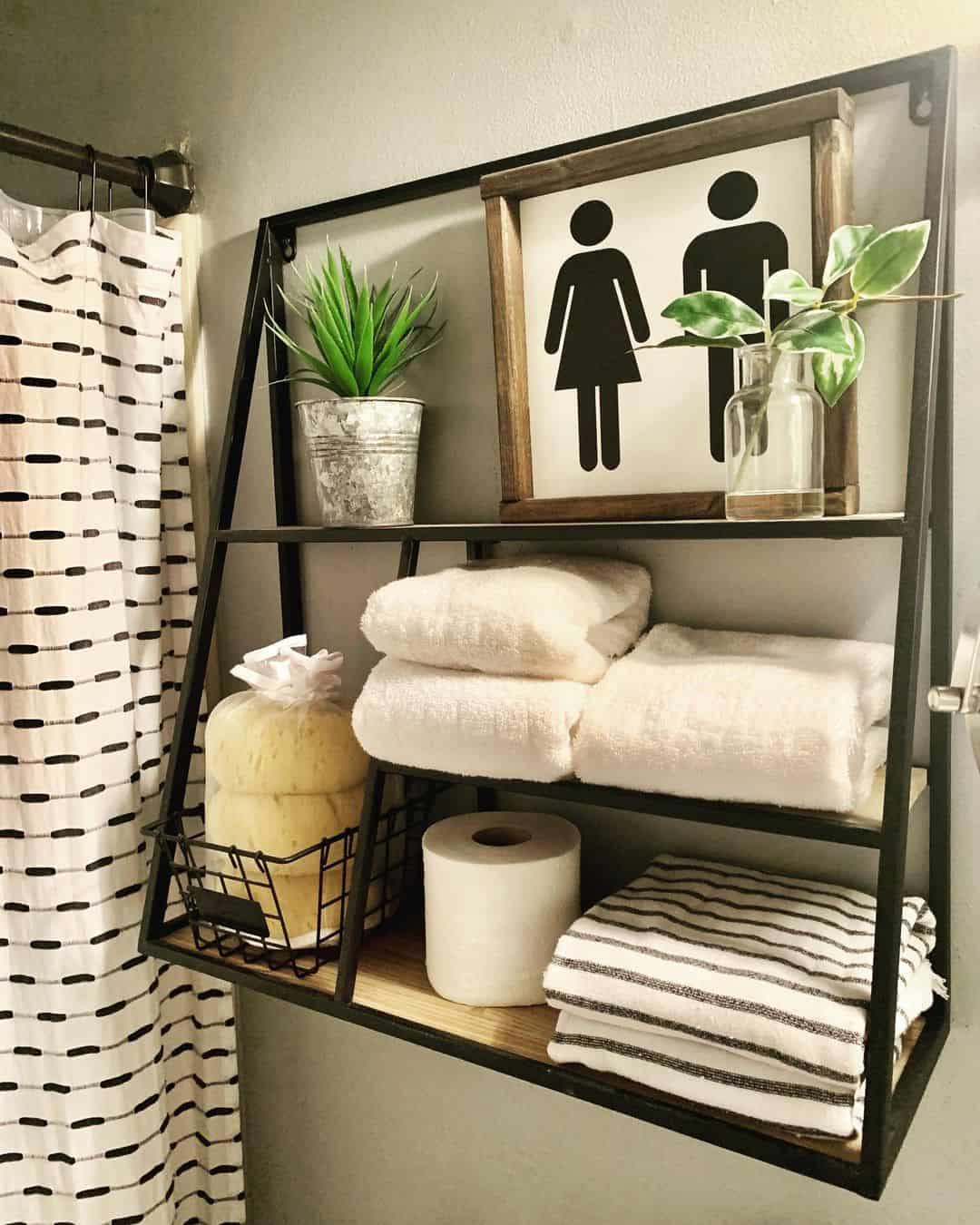 Metal Wall Shelf with Wooden Accents Holds Bathroom Linens