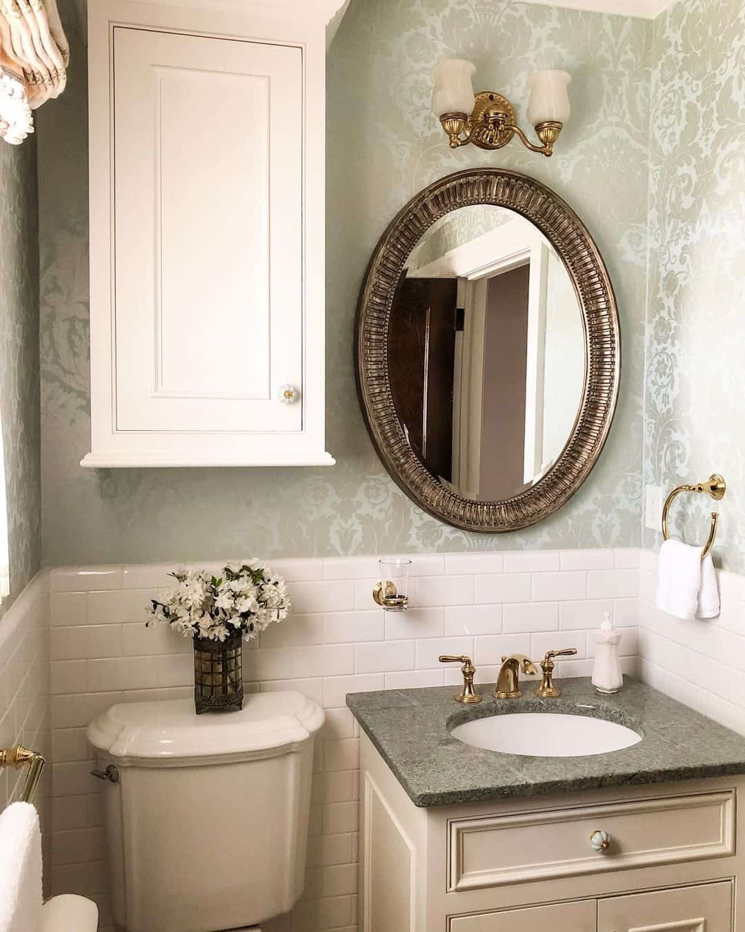 Ornate Oval Mirror Frames the Vanity
