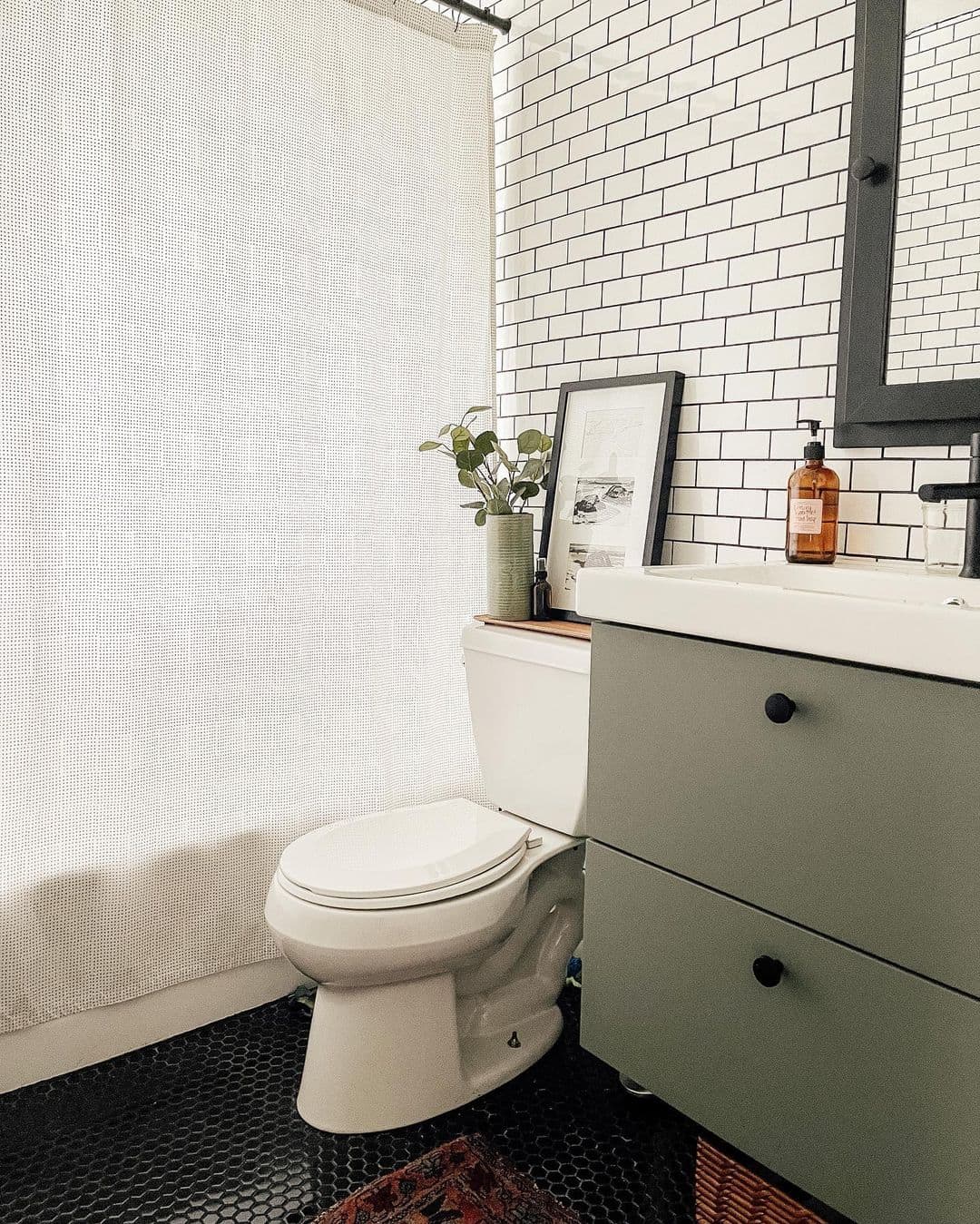 Black Hexagon Floor Tiles Ground the Small Bathroom