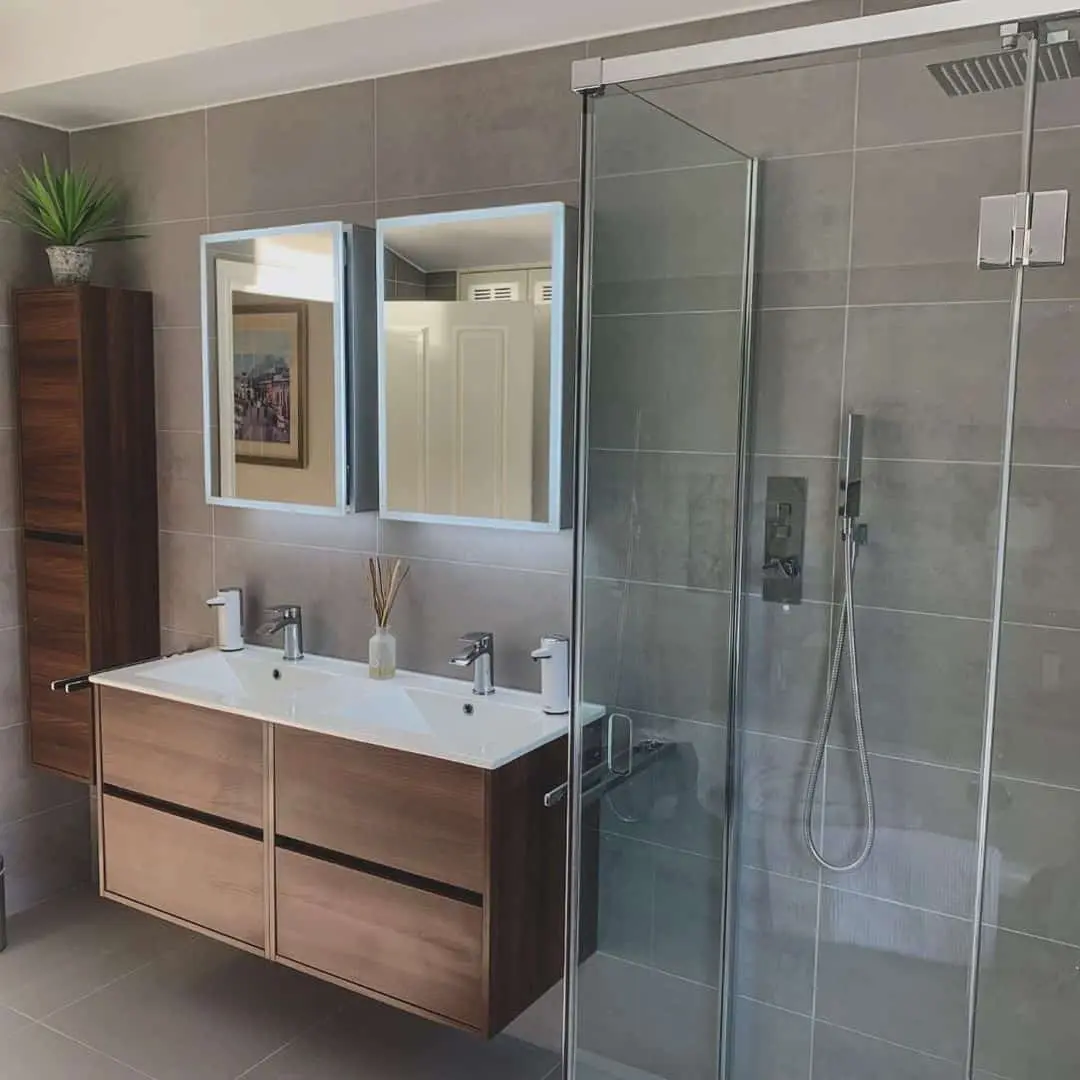 Warm Wood Tones for a Modern Floating Double Vanity