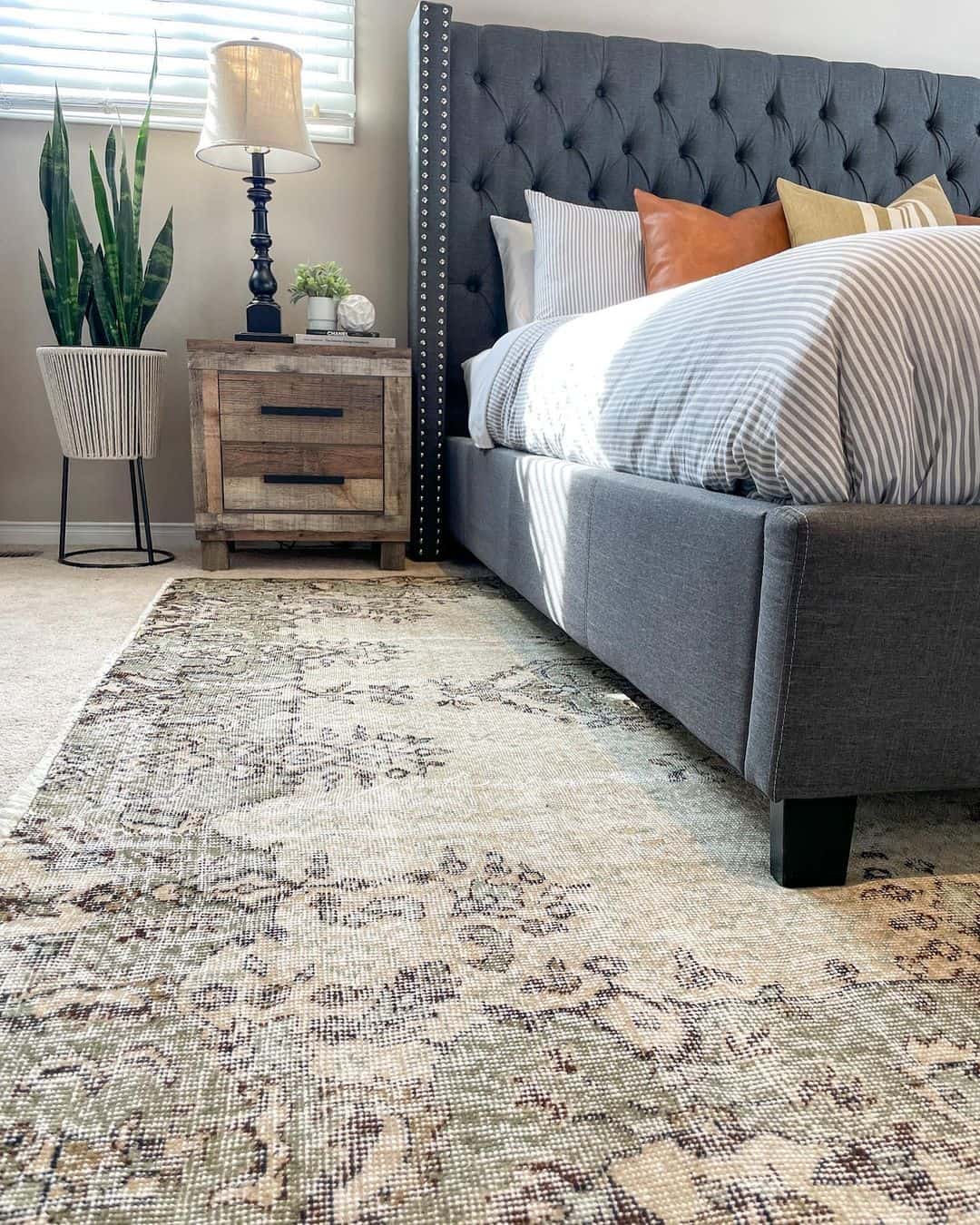 Distressed Oriental Runner Adds Vintage Charm Beside the Bed