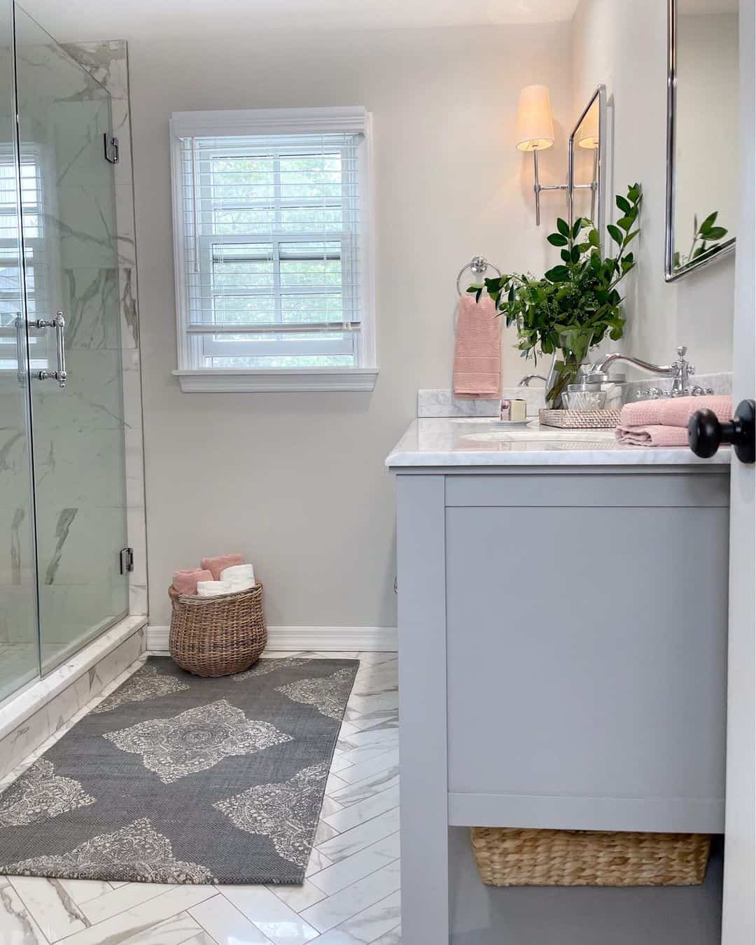 Woven Basket Adds Casual Towel Storage Next to Shower