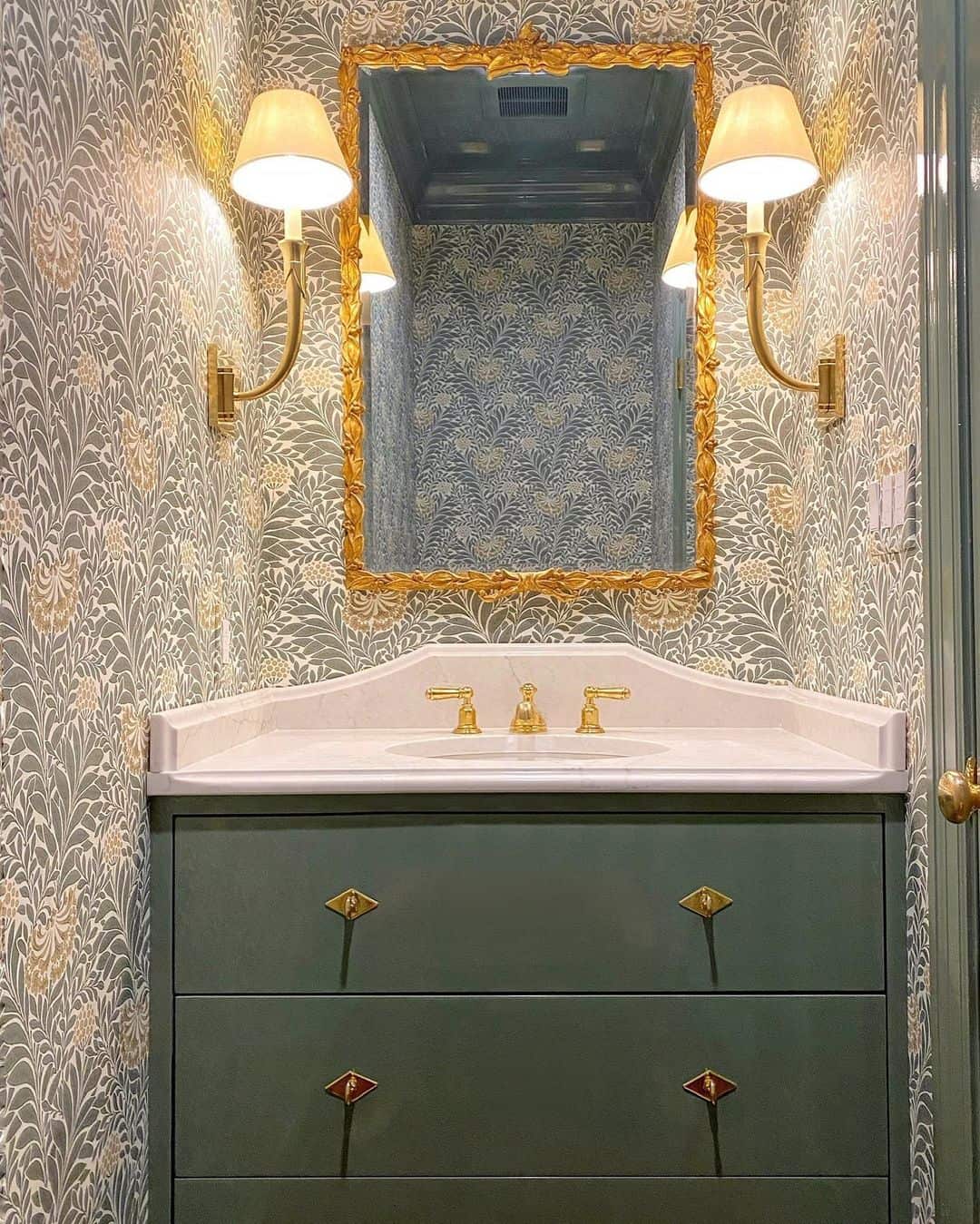 Dark Green Vanity With Geometric Brass Pulls
