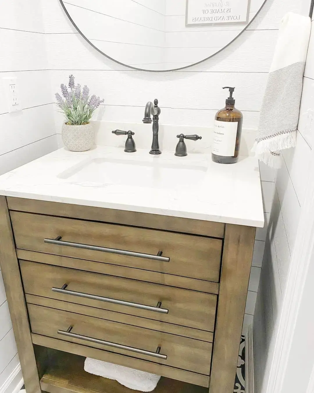 Weathered Wood Vanity with Long, Slim Black Pulls