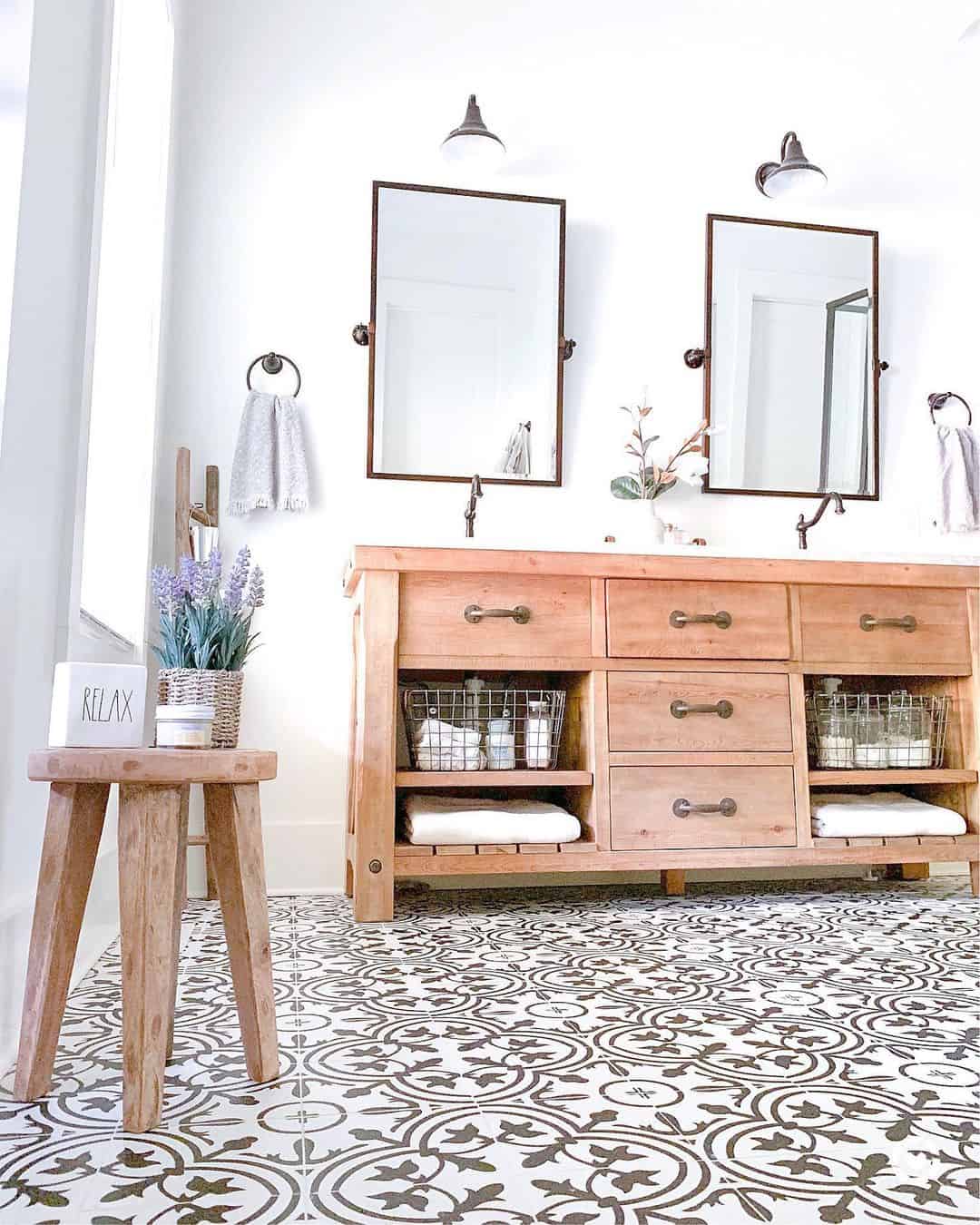 Wire Baskets Corral Toiletries on Open Wood Vanity Shelves