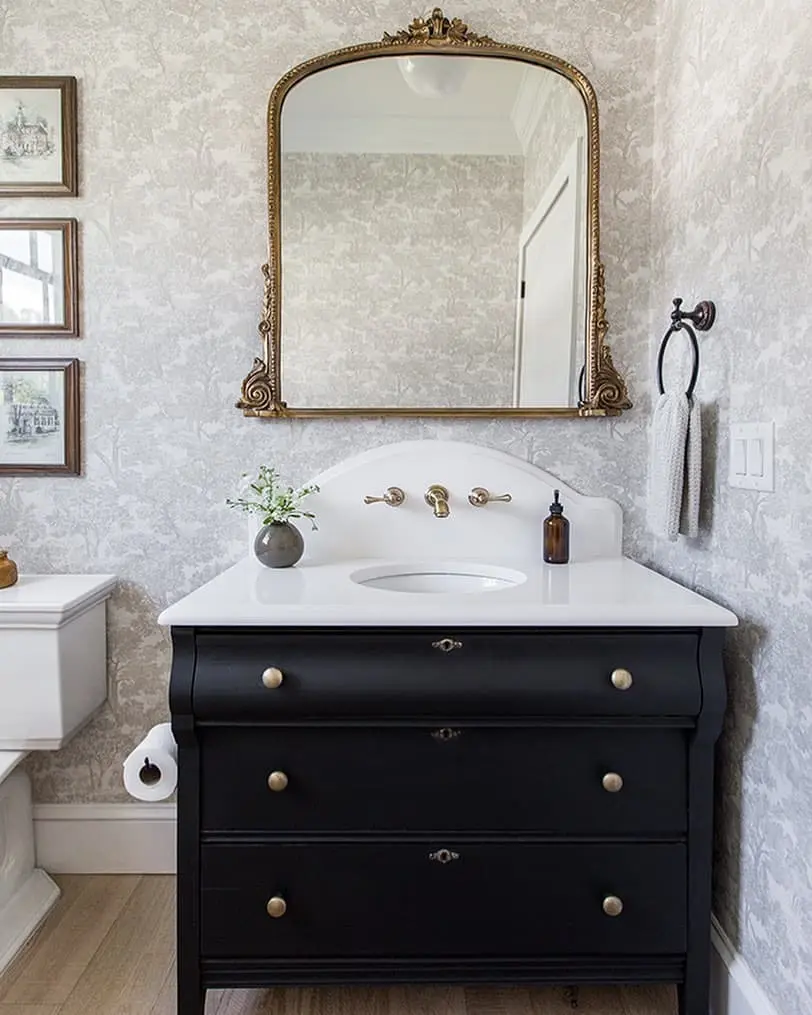 Repurposed Black Dresser Vanity with Antique Gold Hardware