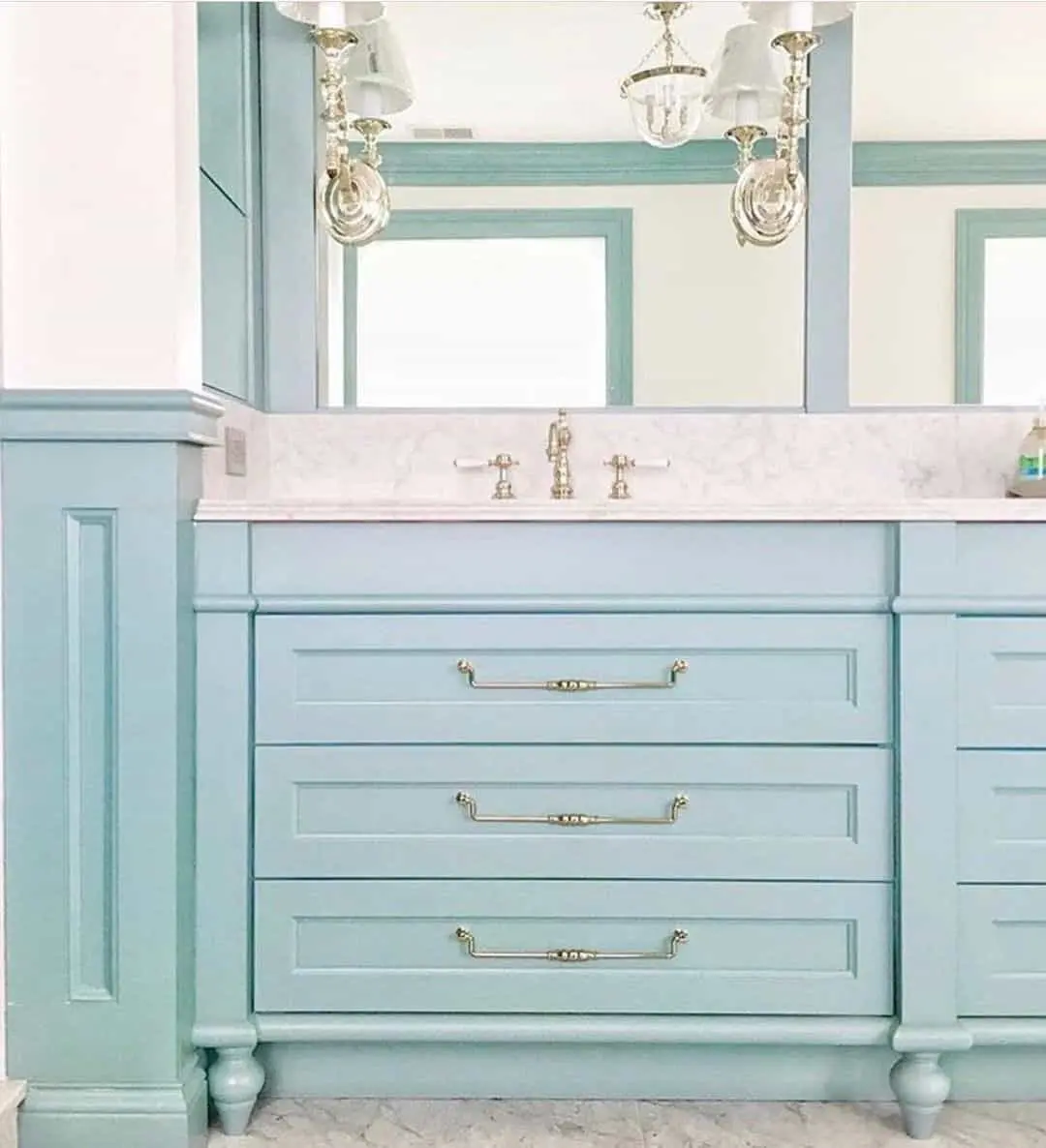 Pale Blue Vanity with Ornate Brass Drawer Pulls