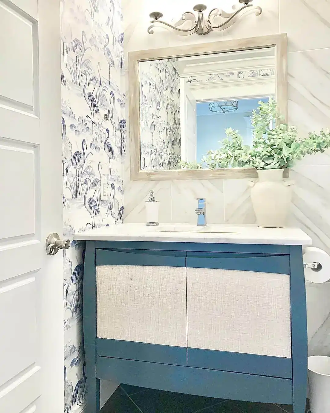 Textured Insets Add Woven Detail to a Deep Blue Vanity