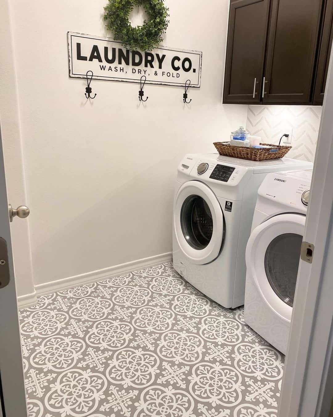 Decorative Floor Tile Adds Pattern to Compact Laundry Spaces