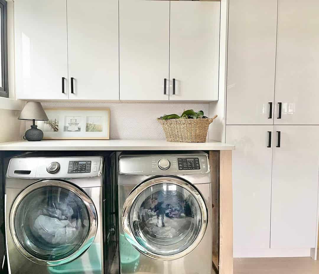 Glossy White Cabinets Add Sleek Storage Above Machines