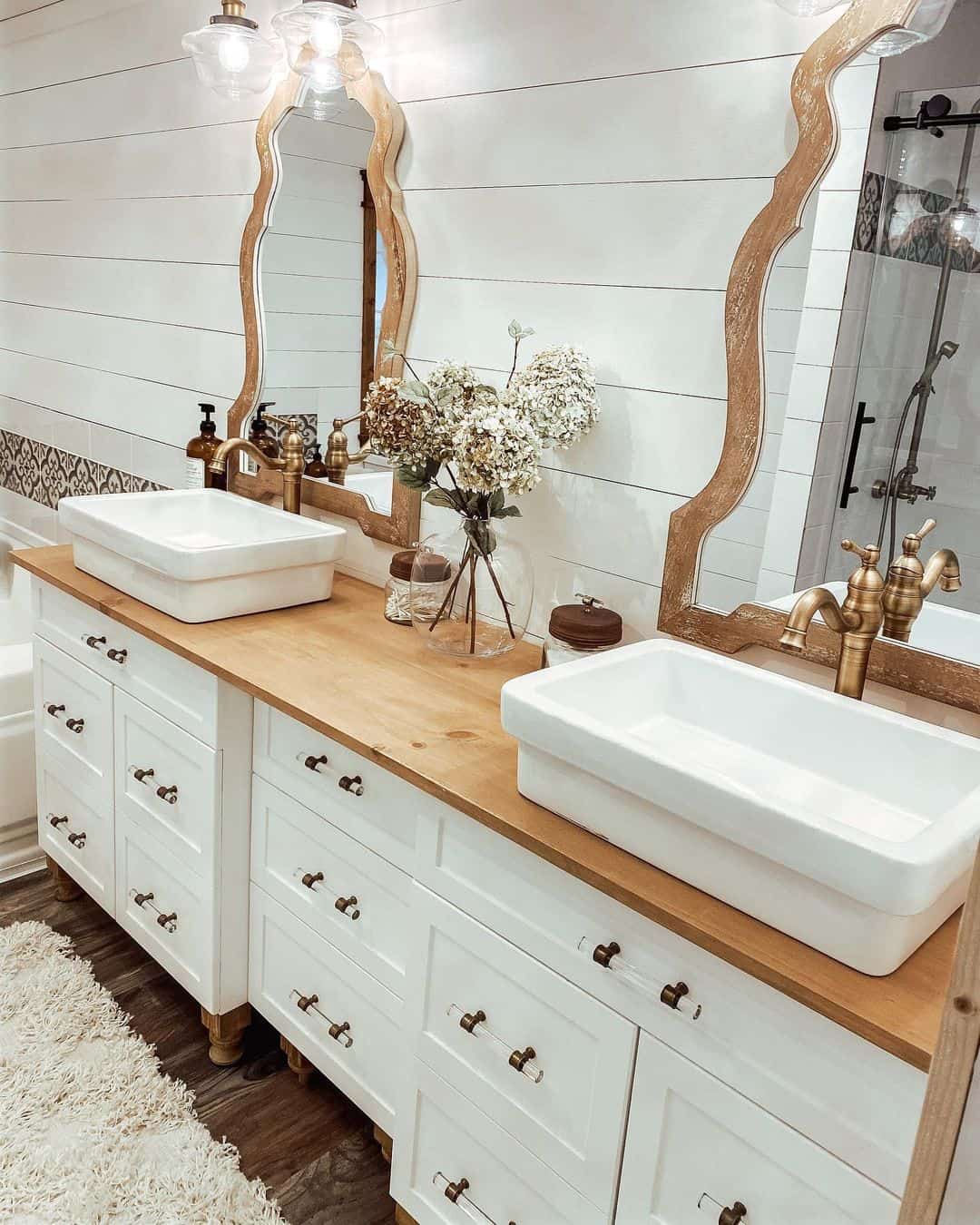 Wood-Tone Mirrors Frame Vanity With Farmhouse Flair