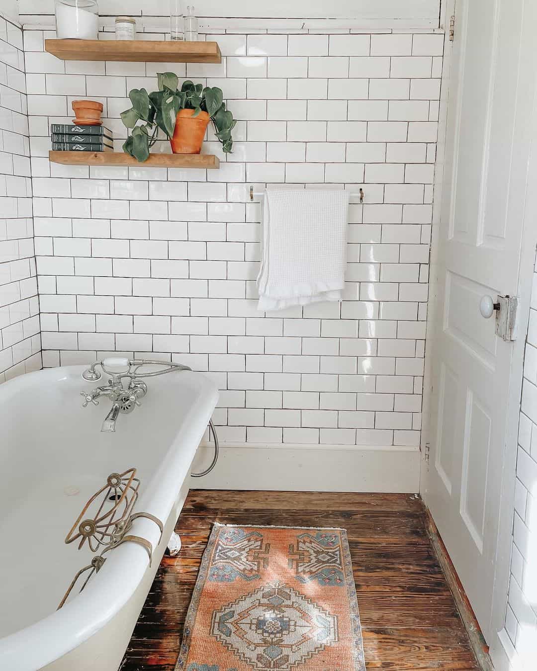 Wooden Shelves Hold Plants and Books Above the Tub