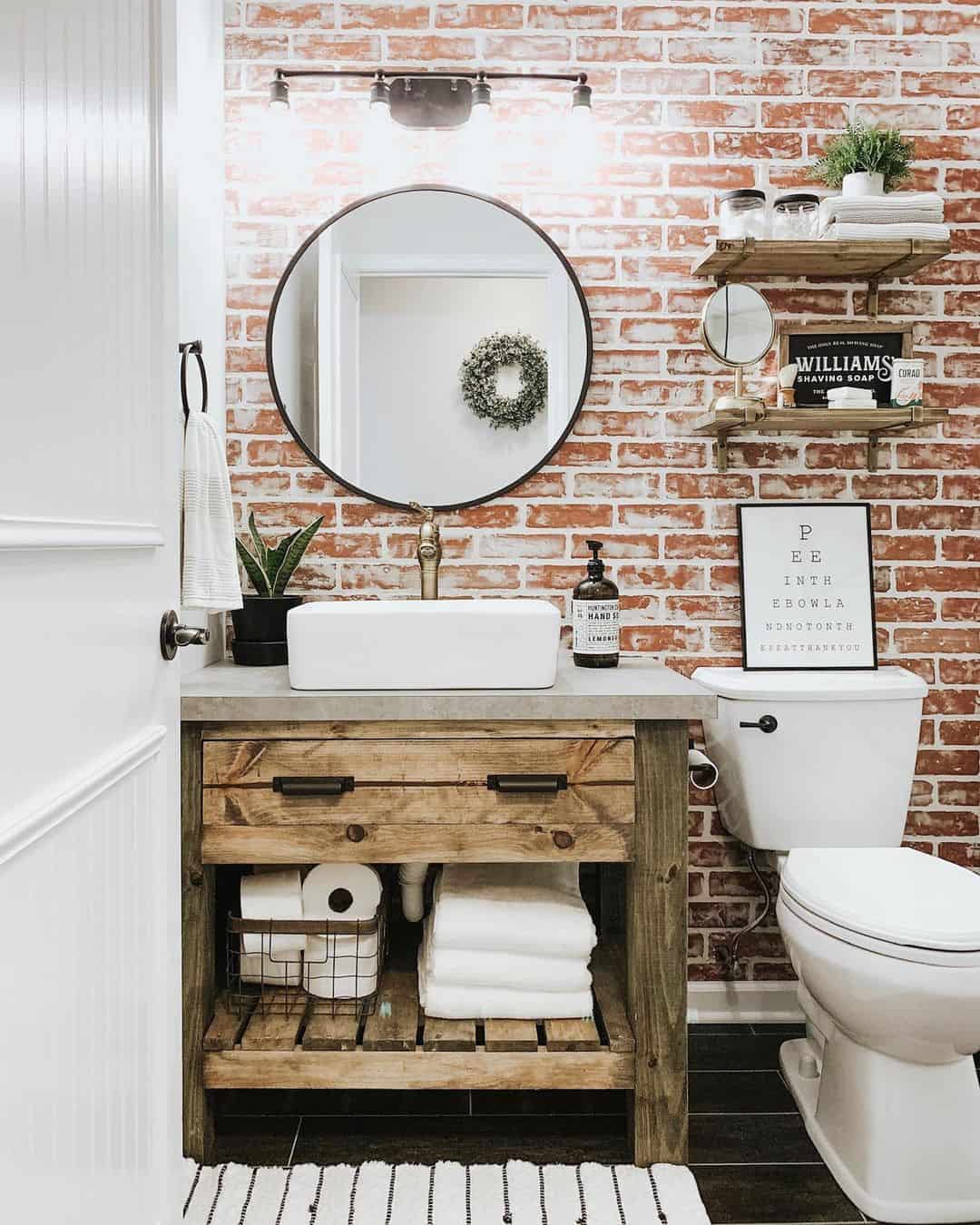 Rustic Wood Vanity With Open Shelving for Towels and Baskets