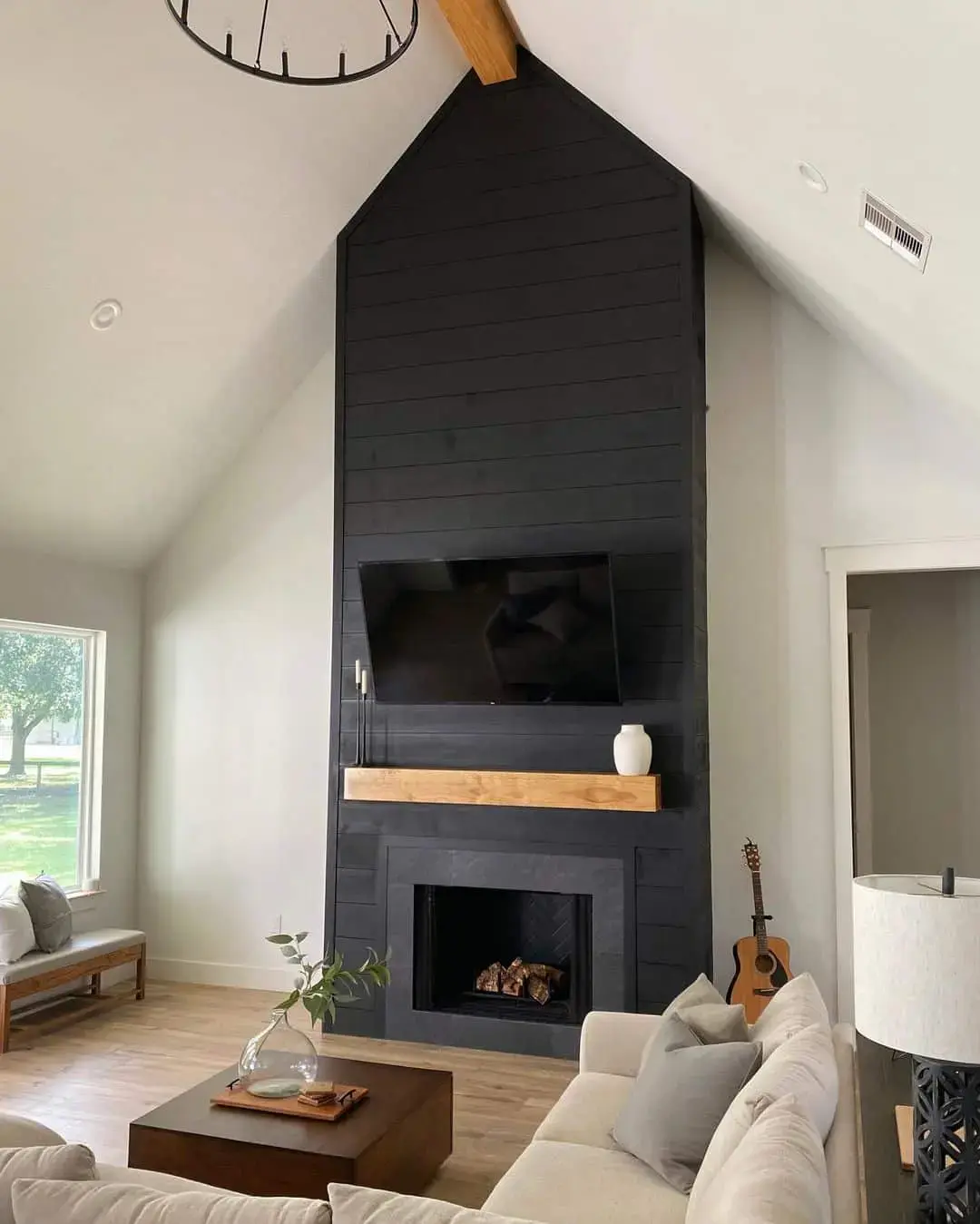 Tall Black Shiplap Fireplace With Integrated TV Mount