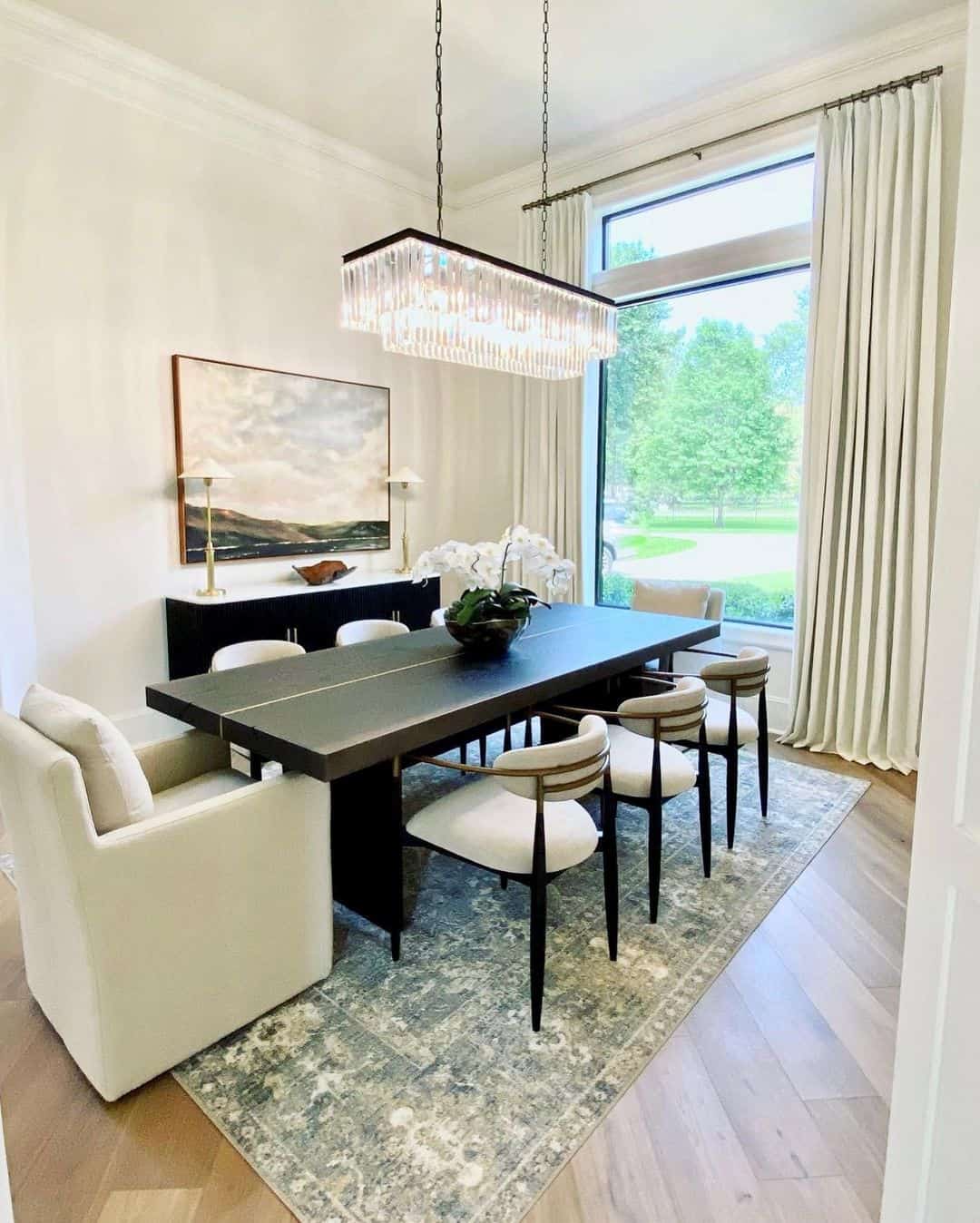 Dark Dining Table With Gold Inlay Creates a Sleek Centerpiece