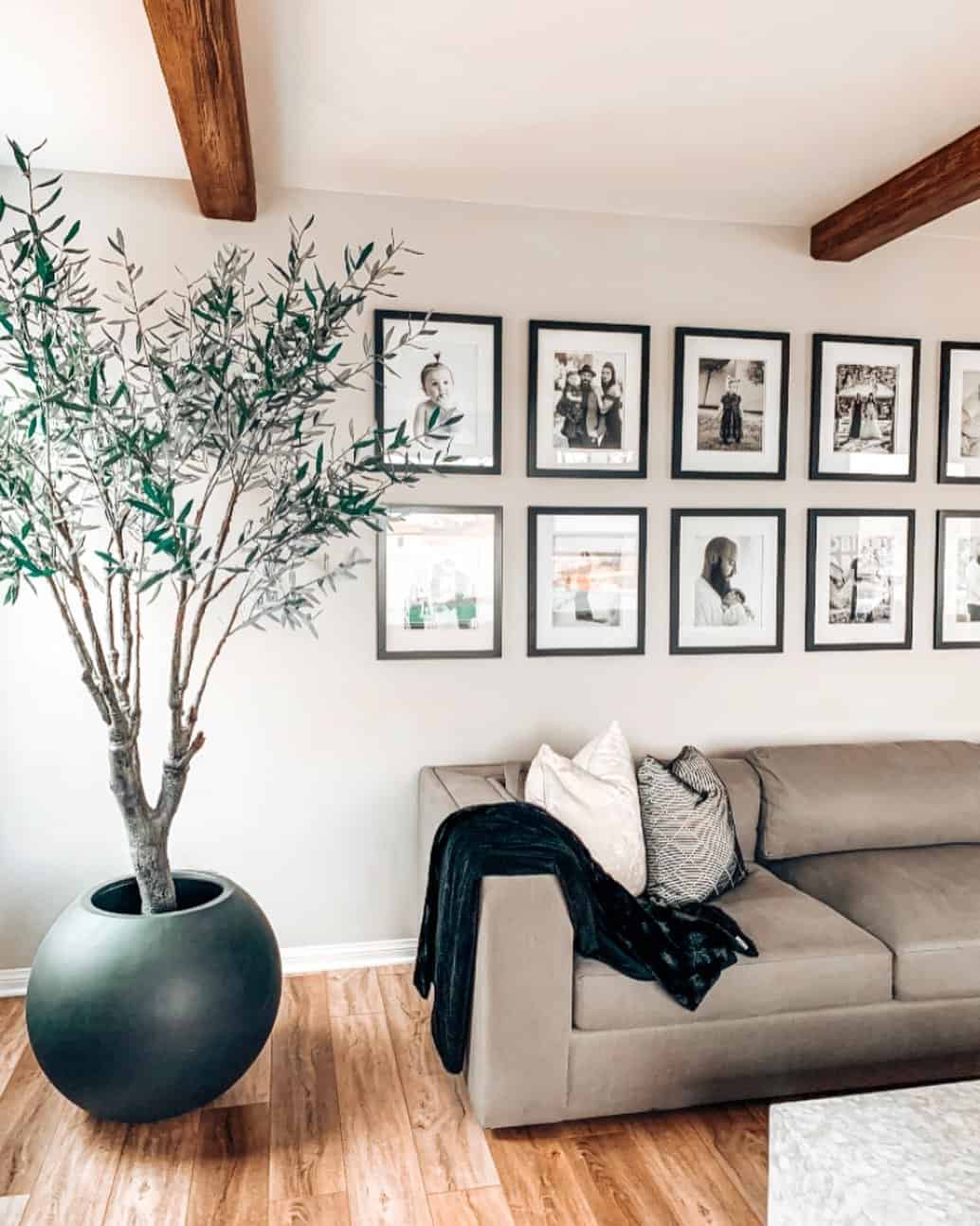 Grid of Black and White Photos Frames a Living Room Wall