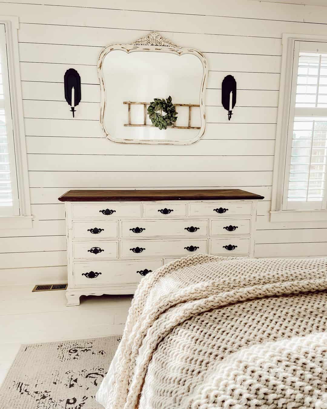 Distressed White Dresser With Dark Wood Top