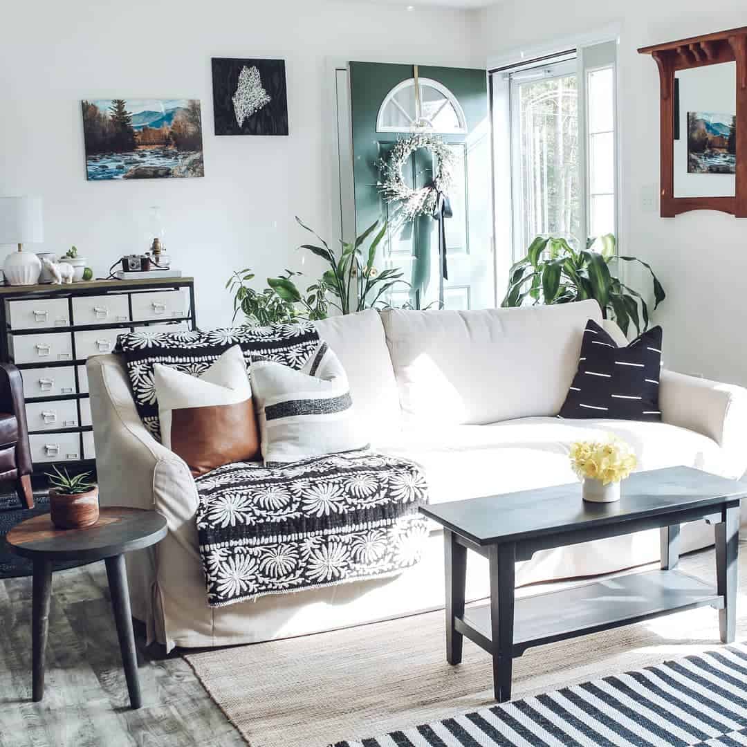 Layer a Graphic Throw for Instant Pattern on a Neutral Sofa