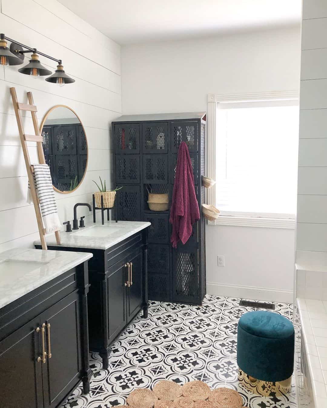 Tall Black Cabinet with Open Sections for Towel and Basket Display