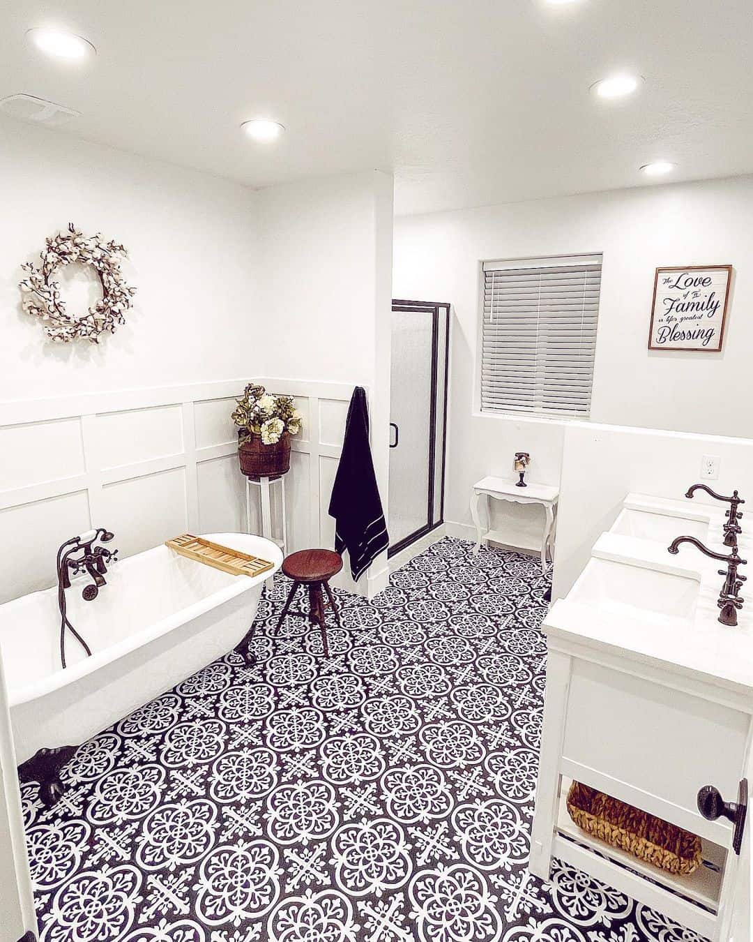 Anchor Your Black and White Palette with Ornate Floral Floor Tiles