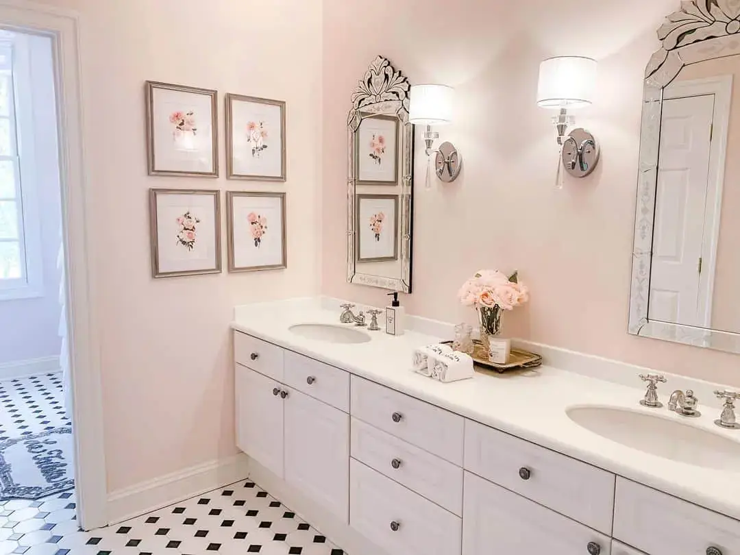 Framed Botanical Prints Add Soft Color To Pale Pink Walls