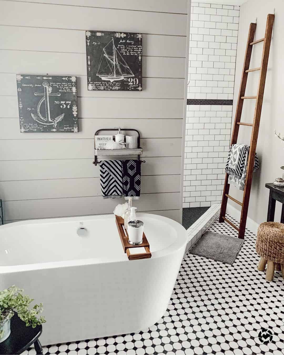 Wooden Ladder Adds Rustic Towel Storage Beside Shower