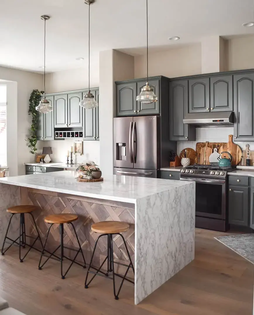 Wood Plank Island Base Contrasts Marble Top