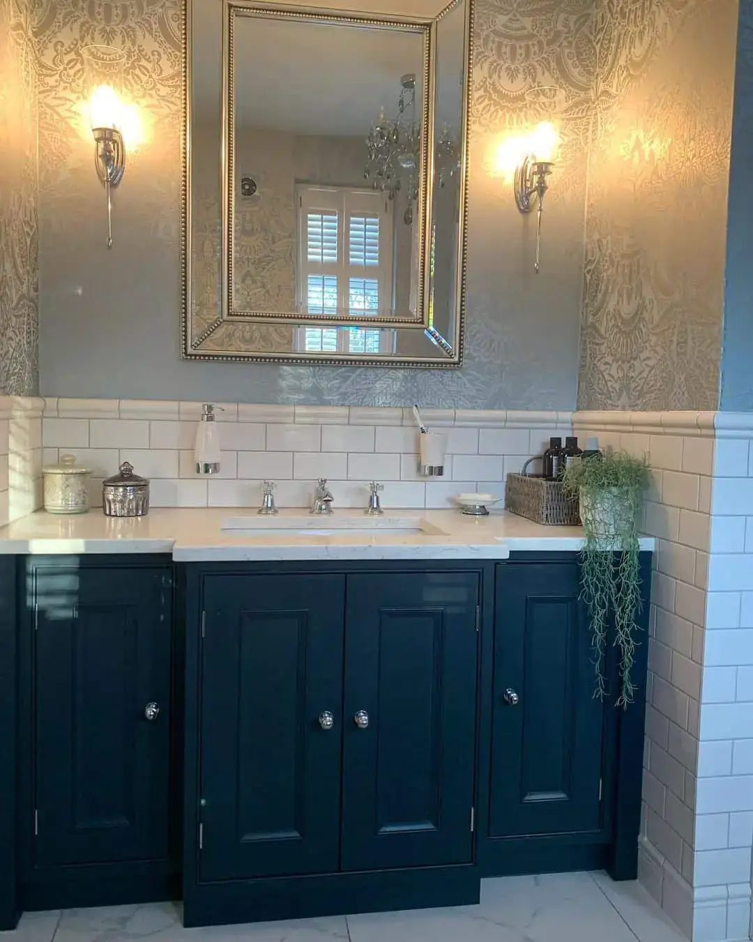 Ornate Silver Mirror with Crystal Sconce Lights