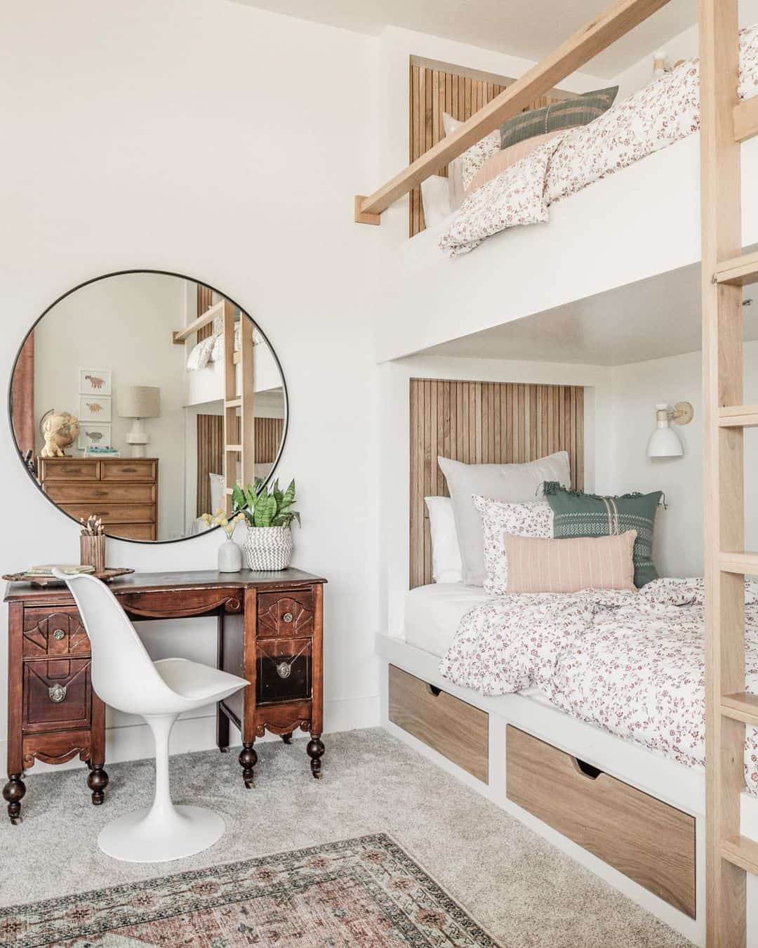 Round Mirror Reflects Vintage Desk and Bunk Bed