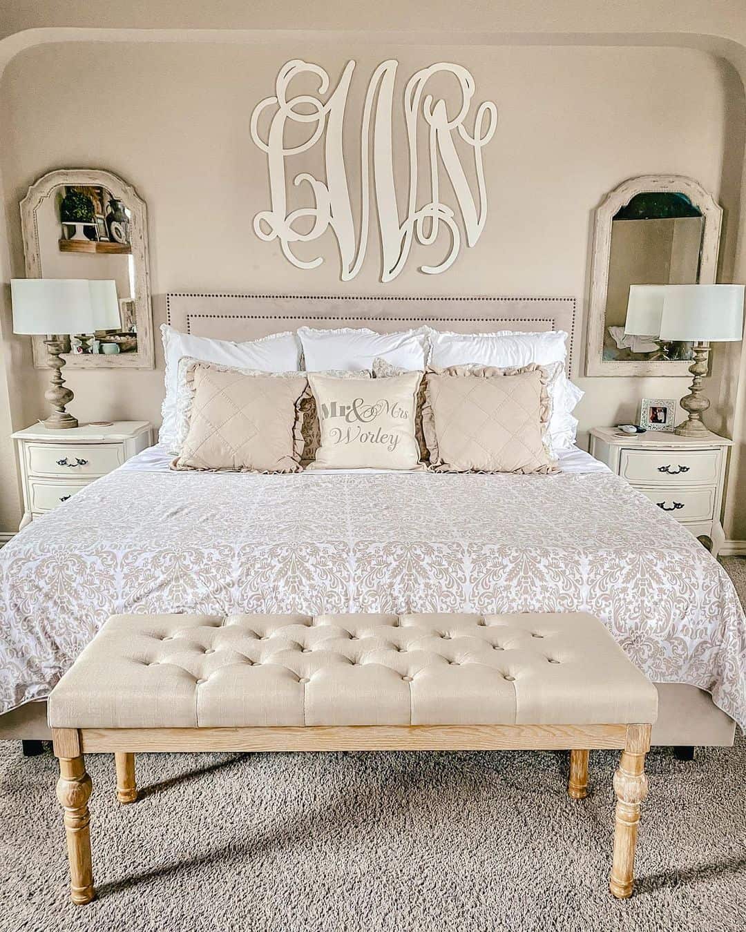 Symmetrical Arched Mirrors Frame Nightstand Vignettes