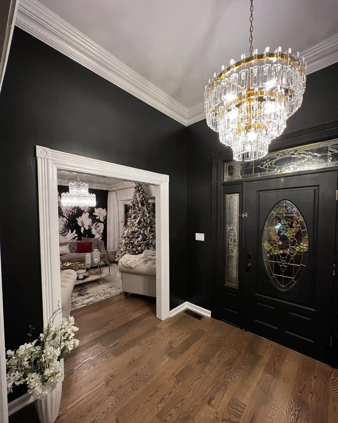 Black Front Door With Oval Stained Glass