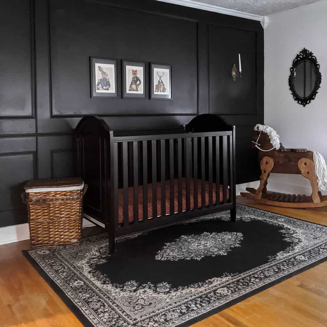 Framed Animal Art Adds Whimsy Above a Black Crib