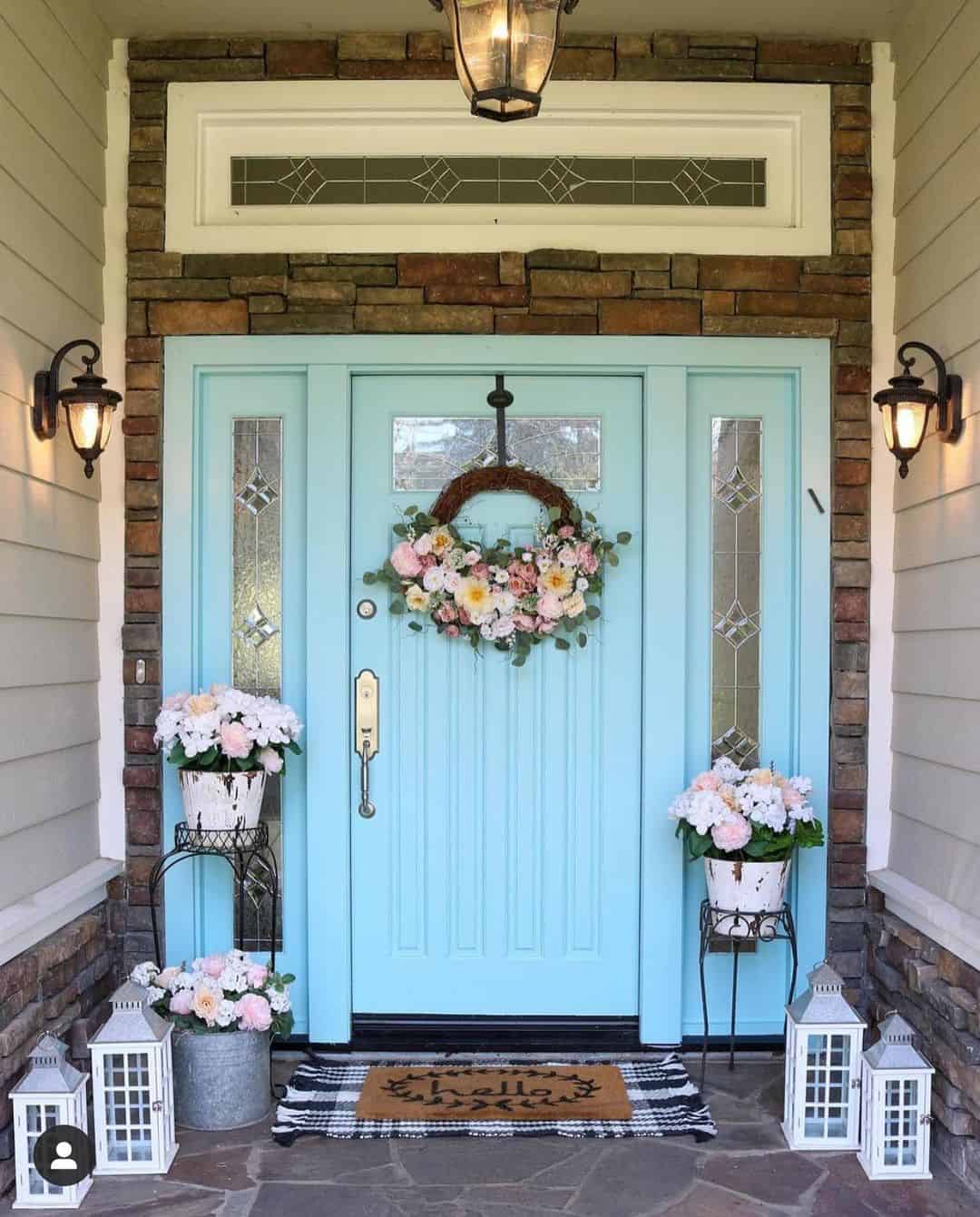 Abundant Floral Wreath for a Cheerful Sky Blue Door